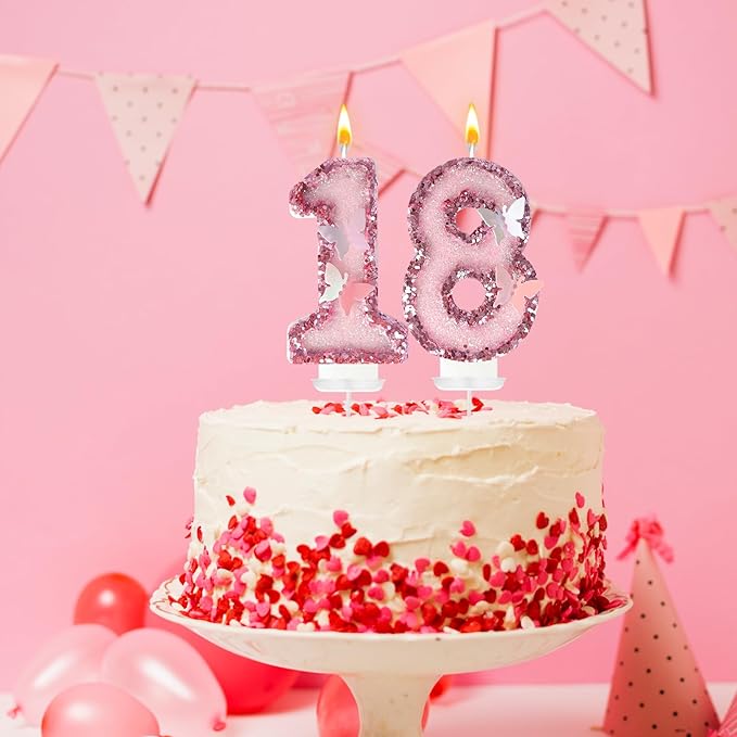 18Th Birthday Candles，Glitter Butterfly Cake Toppers Pink Sequins Wedding Numeral Cupcake Decorations，Suitable for Girl and Boy Wedding Cakes, Party Celebrations, Birthday Decorations (18)