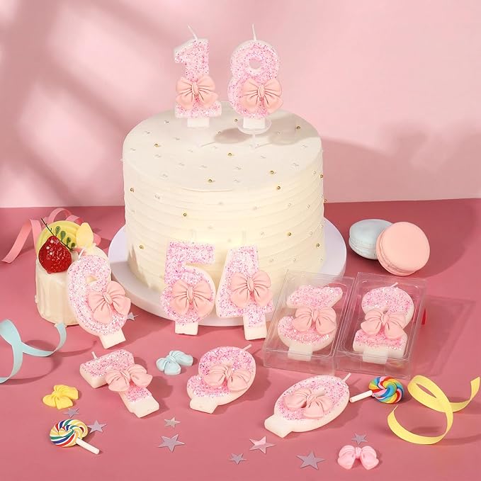 Number 0 Birthday Candle, Pink Bow Birthday Candles, Glitter Candle Cake Topper, Happy Birthday Cake Decoration Gifts, Anniversary Party Supplies for Girl
