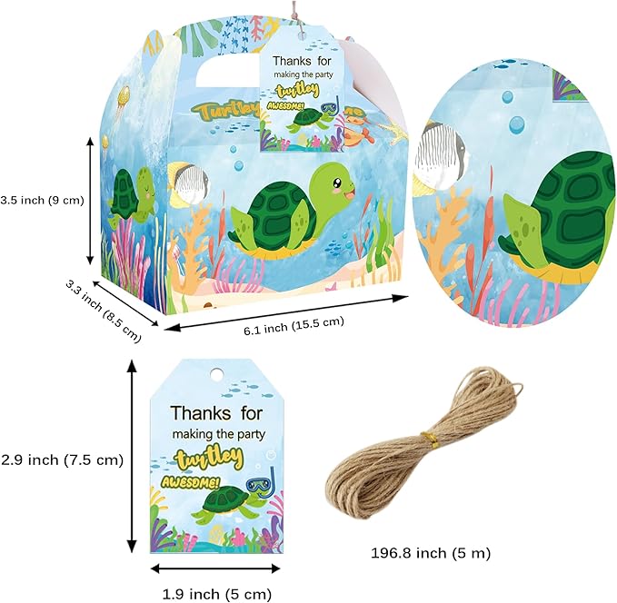 24PCS Sea Turtle Party Favor Gift Boxes With 24 Thank You Tags, Ocean Under the Sea Turtle Goodie Candy Treat Bags for Birthday Baby Shower Decorations Supplies
