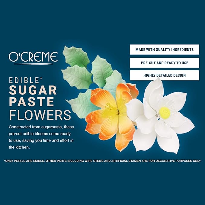 O'Creme White Garden Roses Gumpaste Flower - 4-1/2" Edible Flowers for Cake Decorating - Sugar Paste Decorations for Cakes, Cupcake Toppers - Birthday, Valentine's Day - Baby Shower - Set of 3
