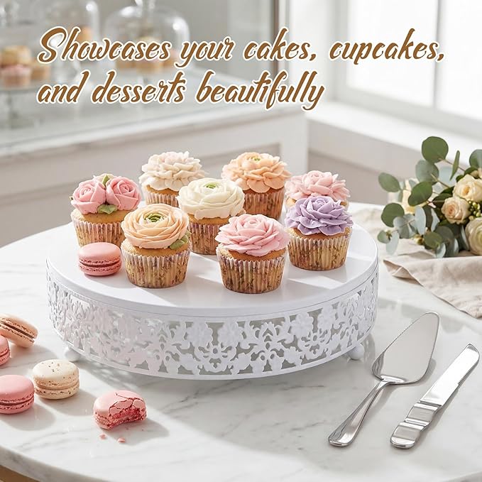 Wenqik 12 Inch White Cake Stand Set Metal Round Cupcake Dessert Stand with Cake Cutting, Spatula Wedding Cupcake Pastry Display Candy Holder Display for Wedding Party Birthday Baby Shower (Flower)