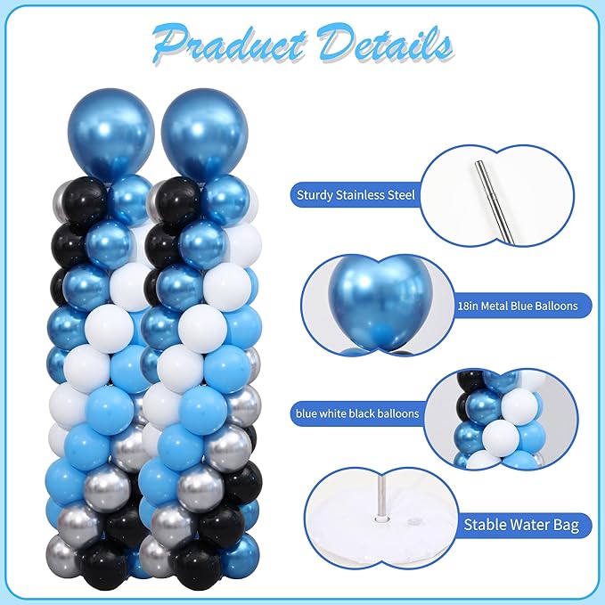 Blue and Silver Black Balloon Column Stand Arch Kit Set of 2 for Floor with 120PCS Blue Black Silver White Balloon Towers for Boys Men Birthday Party Graduation Decorations