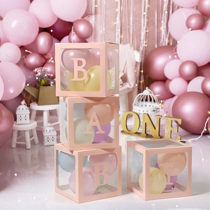 Voircoloria Baby Boxes with 42pcs Letters for Baby Shower Transparent Balloon Boxes Clear Balloon Box Blocks for Boy Girl Gender Reveal Party and Birthday Party (Pink)