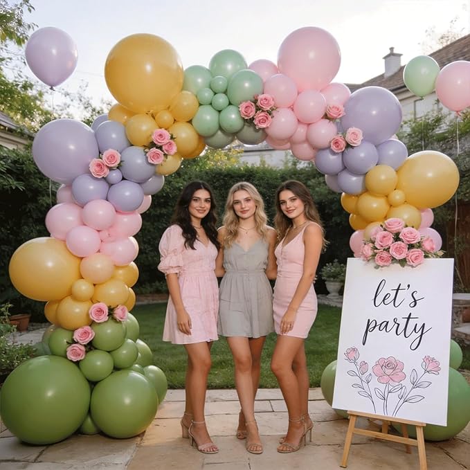 Dusty Green Pink and Purple Balloons Arch Kit, Pastel Balloon Arch Kit with Dusty Olive Green Light Pink Purple Mustard Yellow Balloons for Wildflower Graden Fairy Birthday Tea Party Decoration