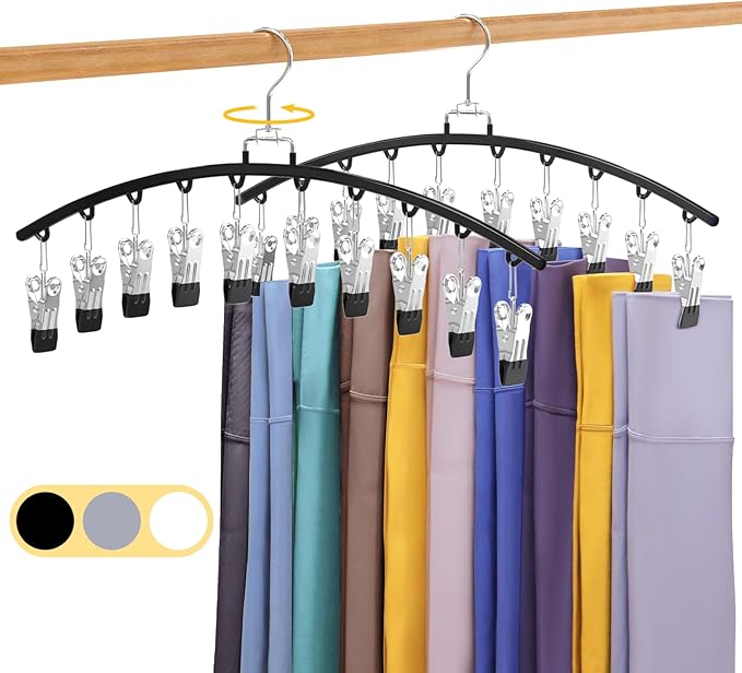 2 Pack Legging Organizer for Closet 360° Swivel, Metal Gym Clothes Organizer w/20 Clips Holds 20 Leggings, Hangers Space Saving, Closet Organizers and Storage, Dorm Room Organization Essentials, Black