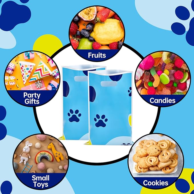 Yzzhaoo 30Pcs Blue Dog Paw Party Favors Bags, Cartoon Dog Goodie Bag with Handles for Birthday Party Theme Candy Treat Cookie Bags
