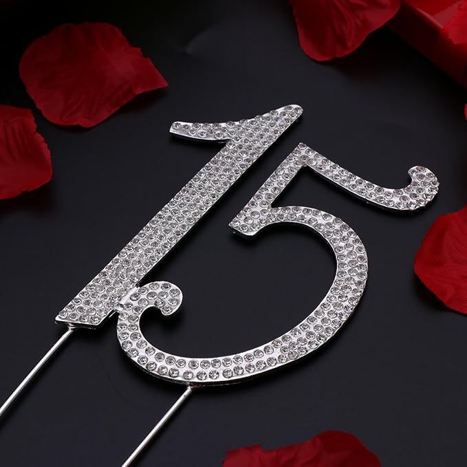 JANOU 15 Cake Topper Number 15 Crystal Rhinestones 15th Cake Decoration for Birthday Anniversary Party Decoration (Silver)