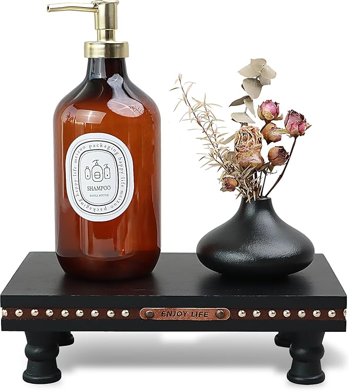Wood Tray Pedestal Stand, Waterproof Bathroom Counter Organizer, Modern Farmhouse Riser for Soap/Candle/Sponge Black Middle