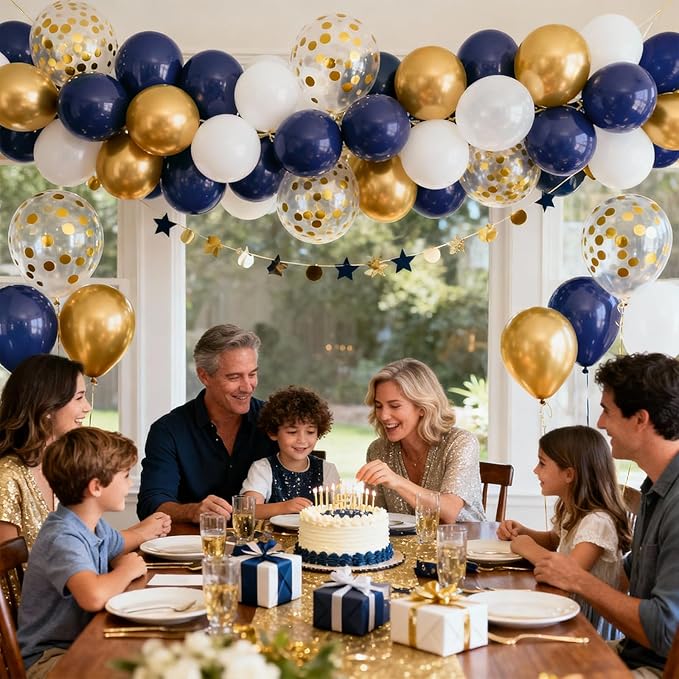 Navy Blue Gold Balloons Arch Kit,White and Gold Confetti Balloons Arch,Navy Blue Balloons for Birthday Graduation Ceremony Anniversary Party Decorations