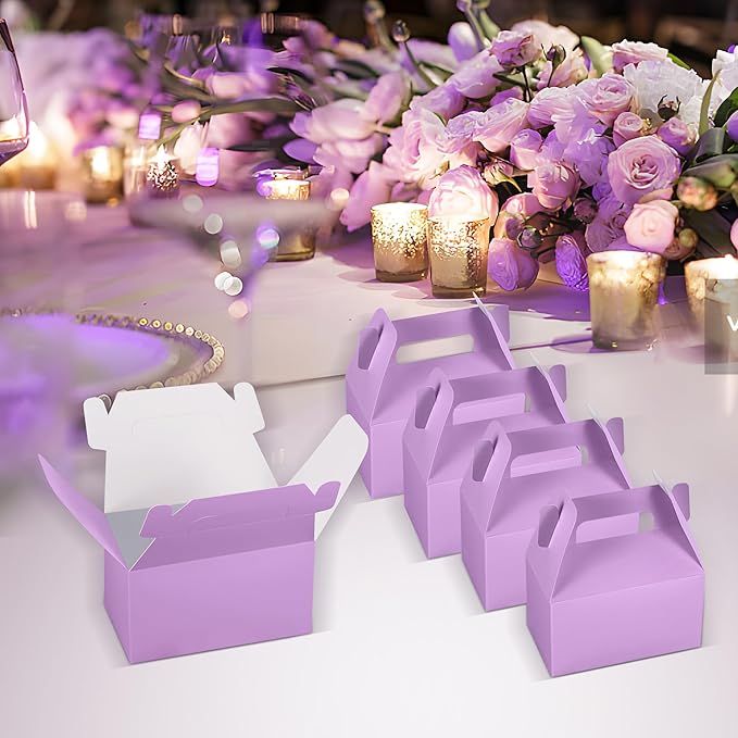 XAGLVV 24 Pack Purple Paper Gable Boxes with Handles,Treat Goodie Party Favor Gift Box for Wedding, Birthday, Baby Shower, Graduation Decoration Supplies