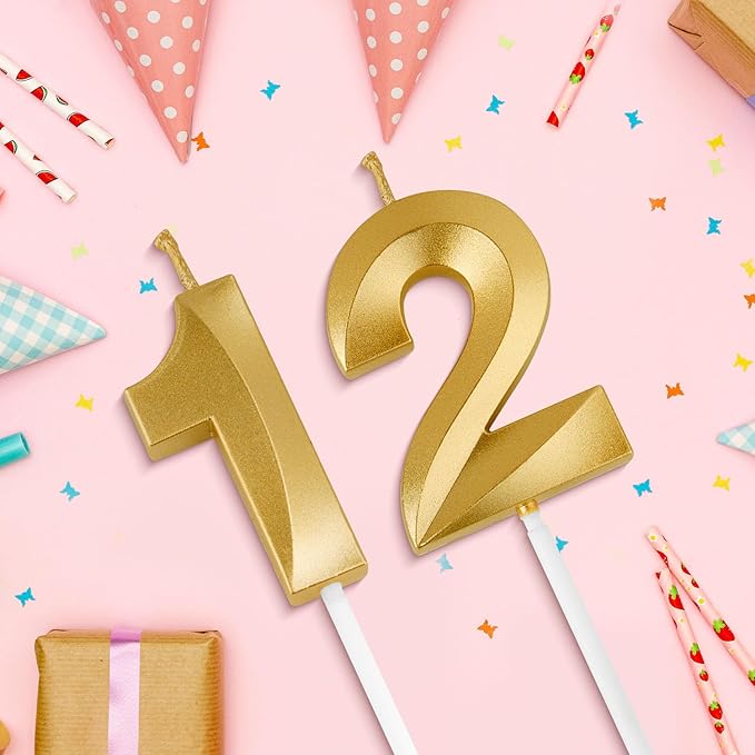 Birthday Candles, 1.96 Inch Number 12 Happy Birthday Candles, Number Candles Decoration for Birthday Party and Anniversary Celebration(Champagne Gold)