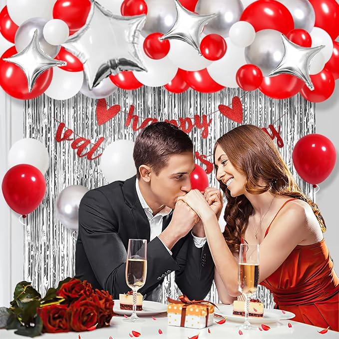 Red White Silver Balloon Garland Arch Kit, Red and White Metallic Silver Balloons Tinsel Foil Fringe Curtain for Wedding Birthday Engagement Graduation Valentines Party Decorations