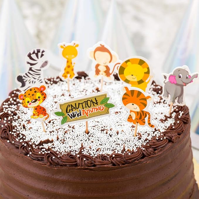 Restaurantware-3.5 x 2.5 Inch Safari Animal Cake Toppers, 24 Piece Assorted Jungle Cupcake Toppers - For Kids' Birthday Parties Or Baby Showers, Cake Decoration Supplies, Paper Zoo Cupcake Picks