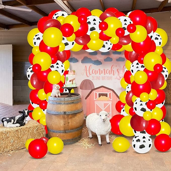 Red, Yellow, Brown Balloons, 122PCS Cow Print Balloon Red Yellow Balloon Garland Arch Farm Animals Birthday Decorations for Cowgirl Cowboy Baby Shower Wedding Birthday Party Supplies