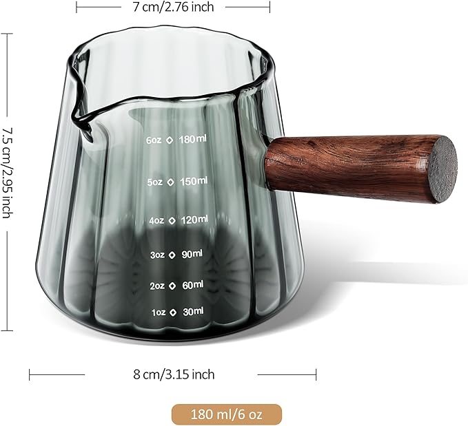 Joeyan 6 oz Grey Glass Measuring Cups with Spout,Borosilicate Glass Triple Pitcher with Scale,Origami Style Espresso Shot Glasses with Wood Handle for Coffee Milk,Dishwasher Safe