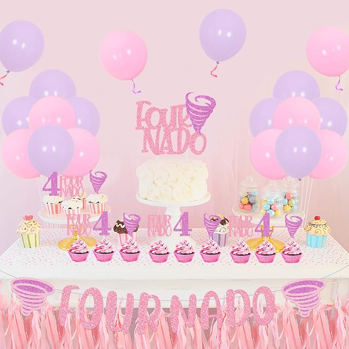 Fournado Birthday Party Decorations for Girls Tornado 4th Birthday Party Supplies with Four Nado Banner Cake Cupcake Toppers for Girls Tornado Bday Party Decors