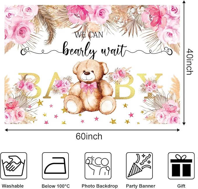 We Can Bearly Wait Baby Shower Decorations for Girl, 125 Pcs Pink Plastic Party Supplies - Bear Balloons,Pink Brown Balloons , Backdrop for Baby Shower & Gender Reveal