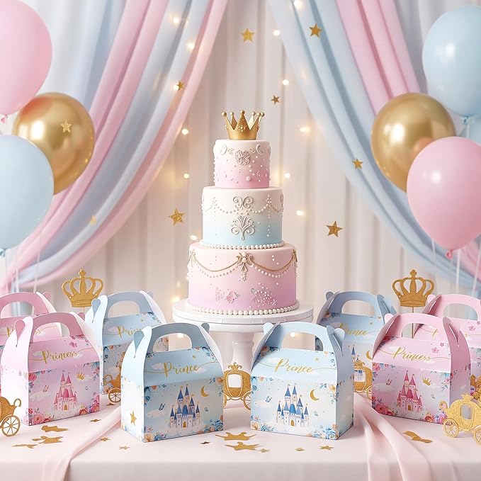 Nezyo 60 Pcs Princess and Prince Treat Boxes - Pink & Blue Crown Cardboard Goodie Boxes for Birthday Party Favors (Prince and Princess)