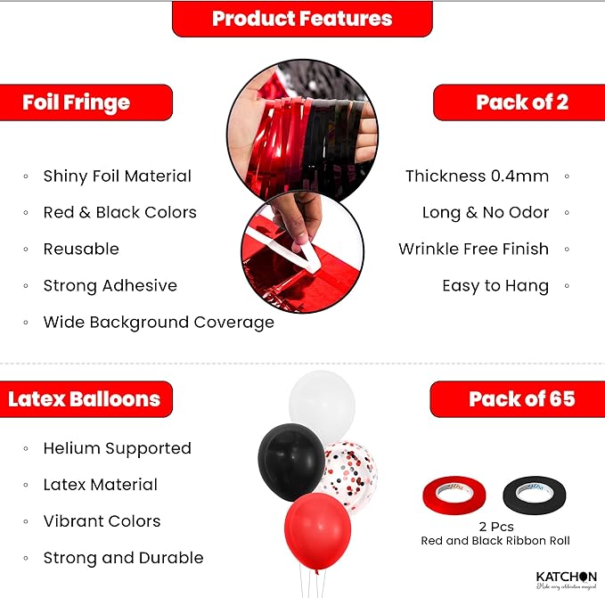 KatchOn, Huge Red and Black Party Decoration - Pack of 67 | Fringe Curtain with Latex and Confetti Balloons for Casino Theme Party Decorations | Graduation Decorations 2026 | Birthday Party Decor