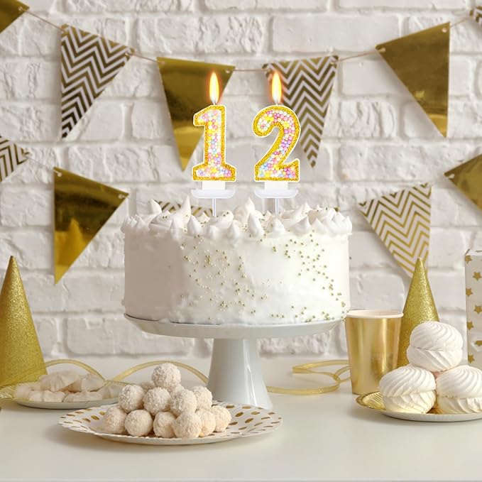 12th Birthday Candle for Cake, Colorful Macaron Numeral Candles for Boys/Girls, Birthday Party Cake Decorations, Golden Cake Topper for Birthday Party Supplies (Number 12)