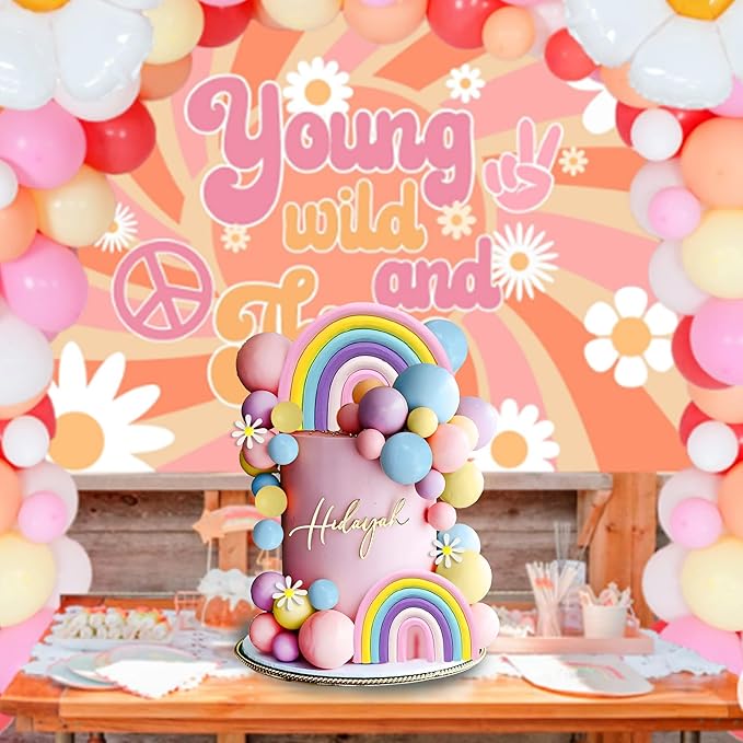 35 PCS Groovy Cake Toppers Boho Cake Topper Hippie Birthday Decorations with Flower Rainbow Balls for Boho Groovy Theme Birthday Supplies