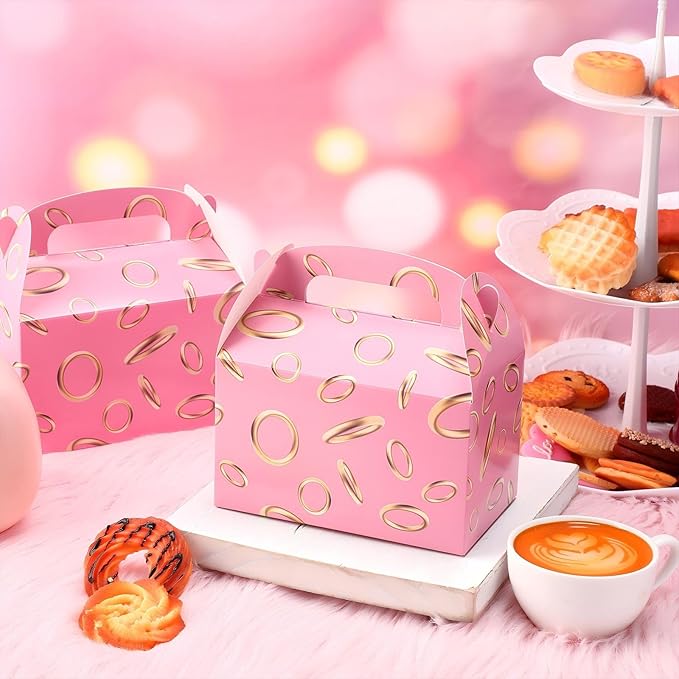 Marspark 24 Pack Pink with Gold Ring Party Favor Treat Boxes with Handles Themed Goodie Candy Gift Boxes for Birthday Party Decoration Video Game Supplies