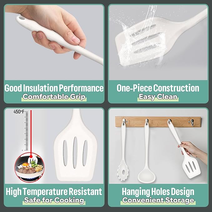 E-far Silicone Cooking Utensils Set, 7-Piece White Heat Resistant Kitchen Utensils Set, Kitchen Nonstick Tools Spatula Ladle Spoon Pasta Server for Non-stick Cookware, Non-Toxic & Dishwasher safe