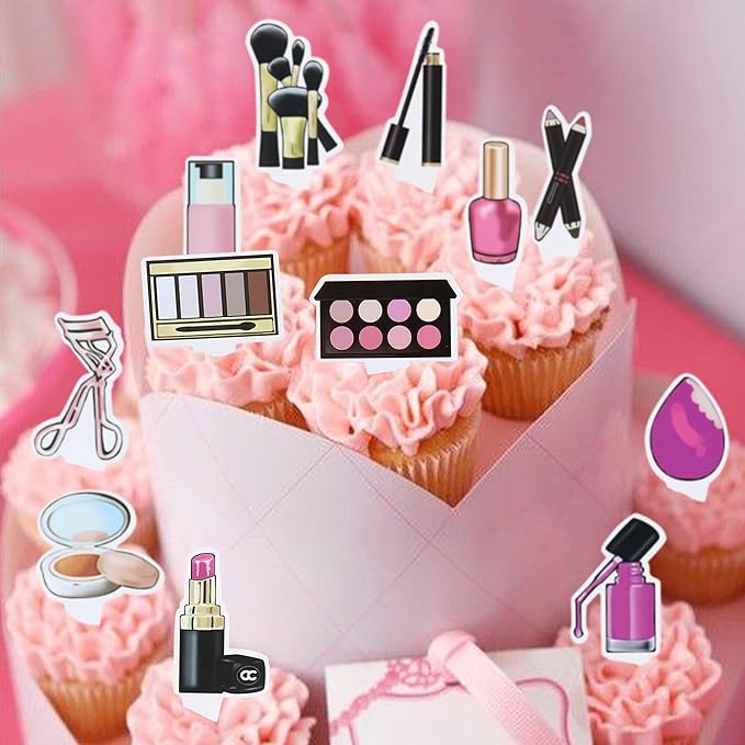 Ercadio 36Pcs Double-Sided Makeup Cupcake Toppers Lipstick Cosmetics Cupcake Picks Eye Shadow Eyelash Curler Food Picks for Girls Makeup Birthday Bridal Shower Bachelorette Party Decorations Supplies