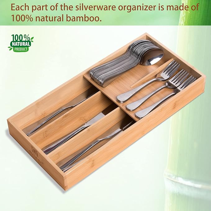 guiogc Bamboo Silverware Organizer, Kitchen Silverware Drawer Organizer, Utensil Tray Holder, Cutlery Tray for Spoons, Forks, Knives