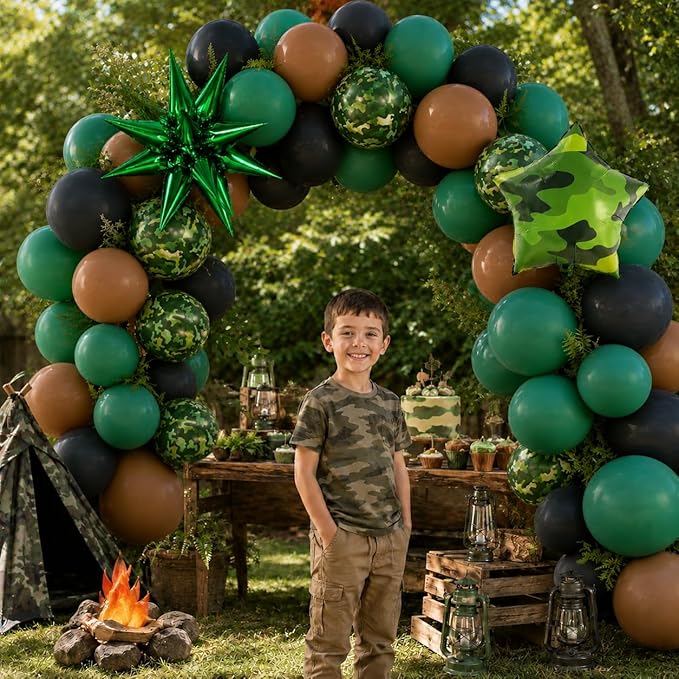 Camo Balloons, 12 Inch Green and Brown Party Balloons Camouflage Party Decoration with Star Foil Balloon for Hunting Camping Game Jungle Theme Camo Birthday Party Decorations