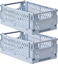 HUUSMOT 2-Pack Small Pastel Plastic Storage Baskets, Collapsible Crates for Organizing, Space-Saving Mini Bins for Classroom, Kitchen, Office, Bedroom (Blue, 9.8" x 6.5" x 3.8")