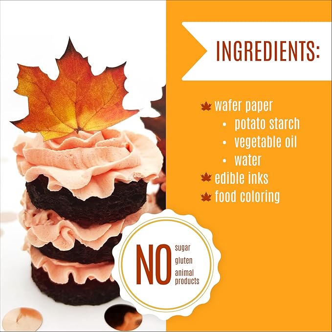 Edible Fall Leaves Assorted Set of 24 - Wafer Cake & Cupcake Toppers - edible fall leaves for cake decorating - fall cupcake toppers