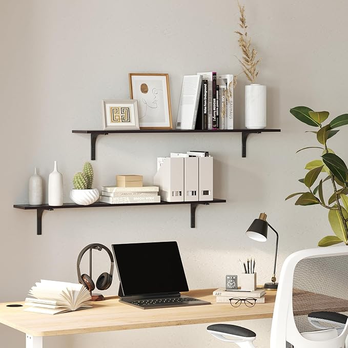 DINZI LVJ Long Wall Shelves, 47.3Inch Wall Mounted Shelves Set of 2, Extra Large Floating Storage Ledges with Sturdy Metal Brackets for Living Room, Bathroom, Bedroom, Kitchen, Espresso