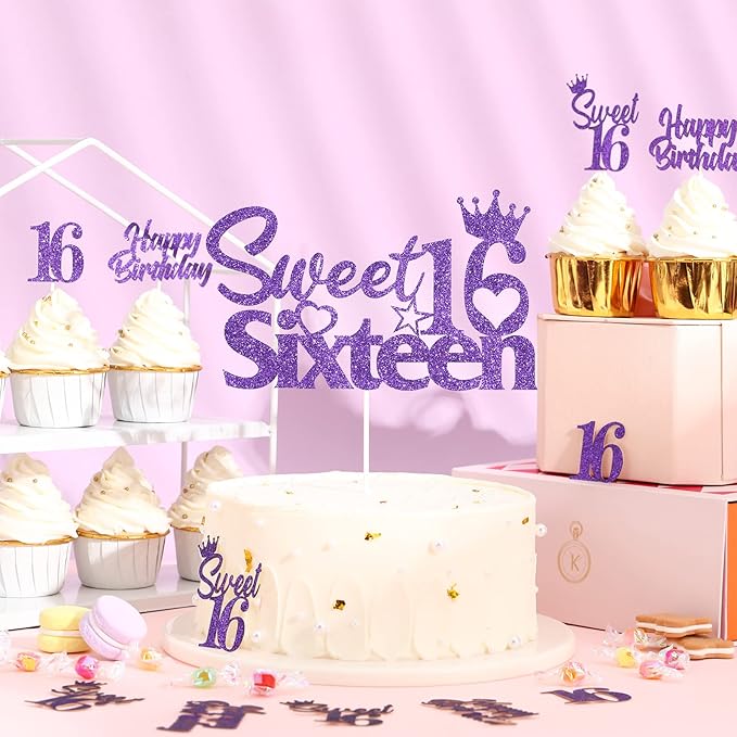25 Pack 16th Birthday Cake Decorations Purple, Sweet 16 Sixteen Cake Topper, Happy Birthday Sweet 16 Cupcake Toppers for Boys Girls Happy 16th Birthday Party Supplies