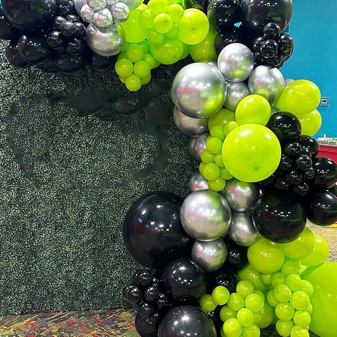 Lime Green, Metallic Silver, Black Balloons Set - 117PCS Fruit Lime Green Balloons Garland Video Game Party for Boy Men Video Gaming Tropical Safari Birthday Graduation Party Decorations