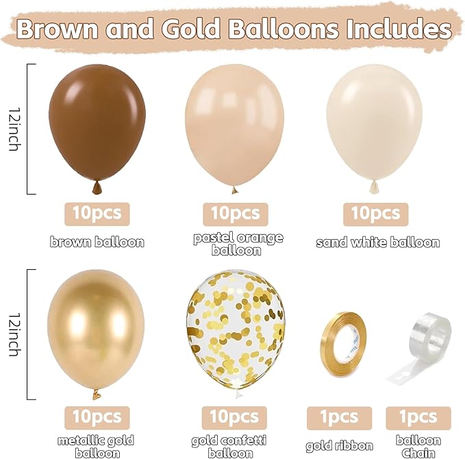Brown and Gold Balloons - 50pcs 12" Dark Light Brown Beige Cream Nude White Balloons for Bear Neutral Birthday Baby Shower Woodland Jungle Safari Western Cowboy Party Decorations