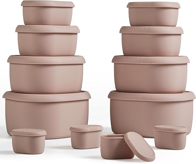ISSEVE 12Pcs/Set Nesting Silicone Food Storage Containers with Lids, BPA Free Reusable Meal Prep Silicone Containers Airtight, Freezer Dishwasher Safe (33.8oz, 20oz, 10oz, 6.7oz, 1.3oz) (Pink)