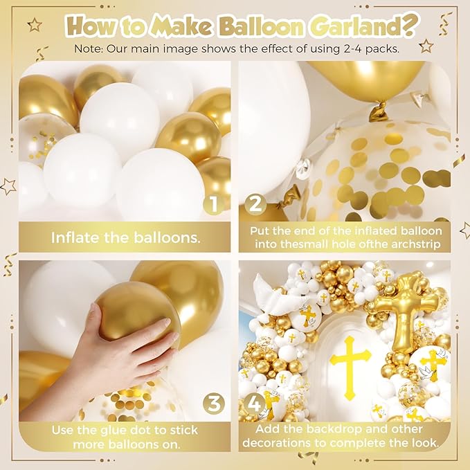 First Communion Balloon Garland Kit 160Pcs, Baptism Balloon, First Holy Communion Decorations, Different Size White and Gold Balloon Arch Kit for First Holy Communion Baptism Theme Party Decor