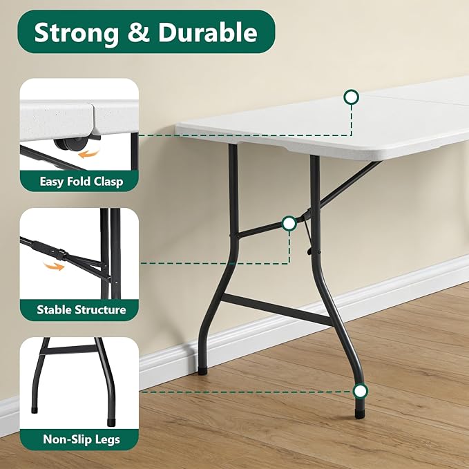 Folding Table 2 Pack, 5FT Folding Table Portable with Built-in Handle, Heavy Duty Plastic Table with Steel Legs Supports to 300lbs, Suitable for Party, Camping, Events Indoor&Outdoor Use, White