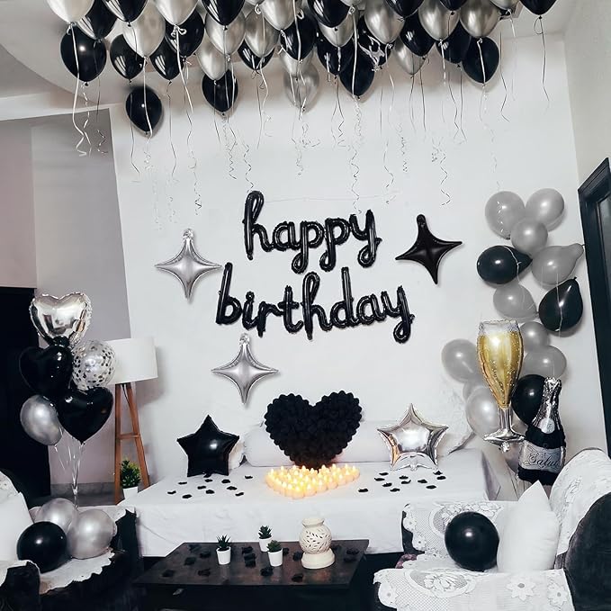 Realspring 120 Pcs Happy Birthday Decorations Set Balloons Letters Banner with Candle LED Light Champagne Bottle Wine Glass Rose Petals for Birthday Party Room Decor(Black and Sliver)