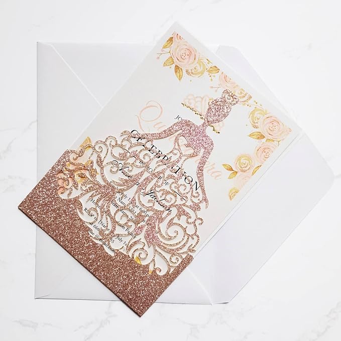 50PCS Wedding Invitations Cards with Envelopes 5 x7.3 Inch Laser Cut Hollow Girl Princess Pocket with Envelopes Crown Invitations Cards for Quinceanera Birthday Sweet 16, Party Invite (Rose Gold Glitter)