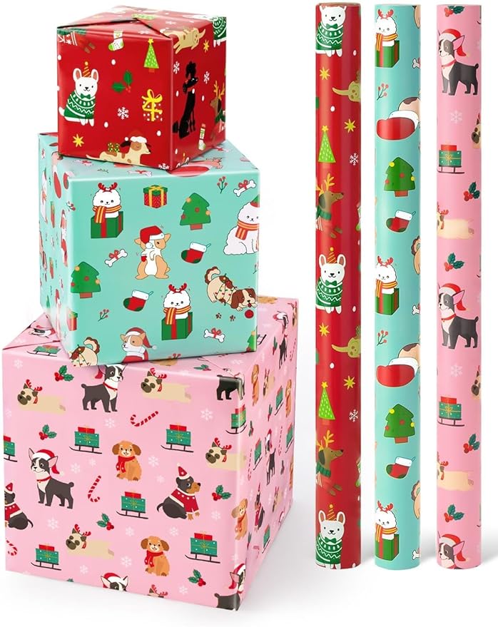 WERNNSAI Dog Christmas Wrapping Paper Rolls - 3 Rolls 17” x 120” Puppy Kids Christmas Wrapping Paper Medium Roll Set Funny Christmas Wrapping Paper Xmas Rolls Party Gift Decoration, for Girls/Boys
