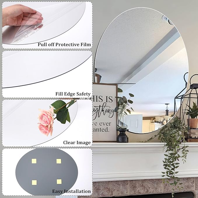 JUNEBRUSHS Oval Mirror, Acrylic Oval Bathroom Mirrors Unbreakable Frameless Wall-Mounted Mirrors for Wall Bedroom Home Decor