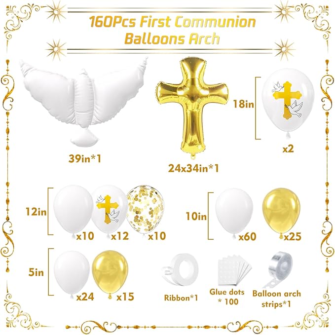 First Communion Balloon Garland Kit 160Pcs, Baptism Balloon, First Holy Communion Decorations, Different Size White and Gold Balloon Arch Kit for First Holy Communion Baptism Theme Party Decor