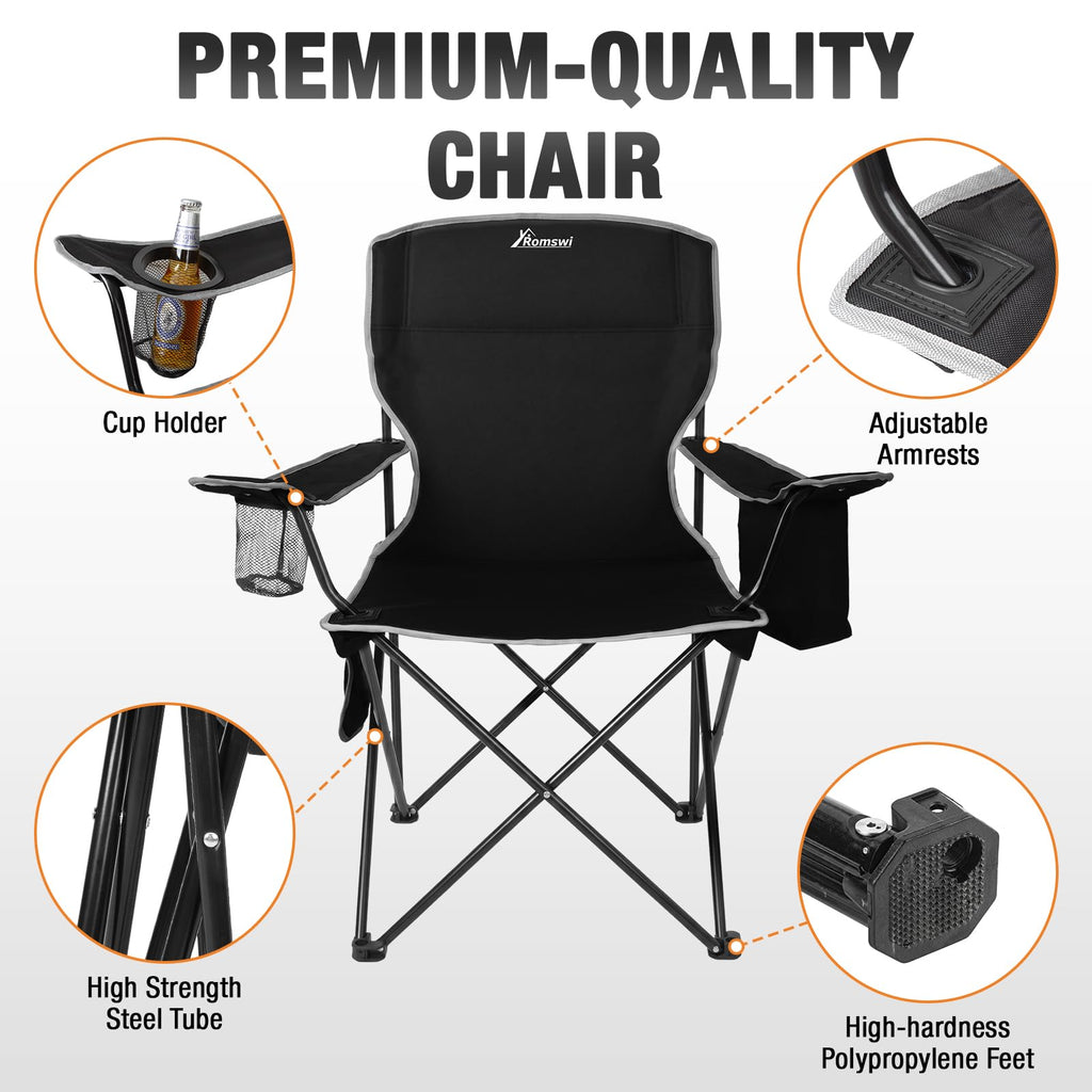 Romswi Lightweight 2Pcs Camping Chairs for Adults, Folding Lawn Chair with 4-Can Cooler Bag, Cup Holder,Collapsible Portable Outdoor Chair for Tailgating, Beach, Fishing,Black