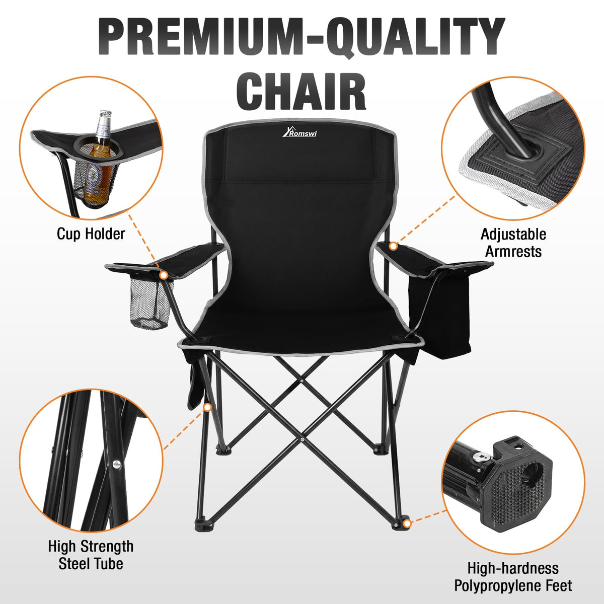 Romswi Lightweight 2Pcs Camping Chairs for Adults, Folding Lawn Chair with 4-Can Cooler Bag, Cup Holder,Collapsible Portable Outdoor Chair for Tailgating, Beach, Fishing,Black
