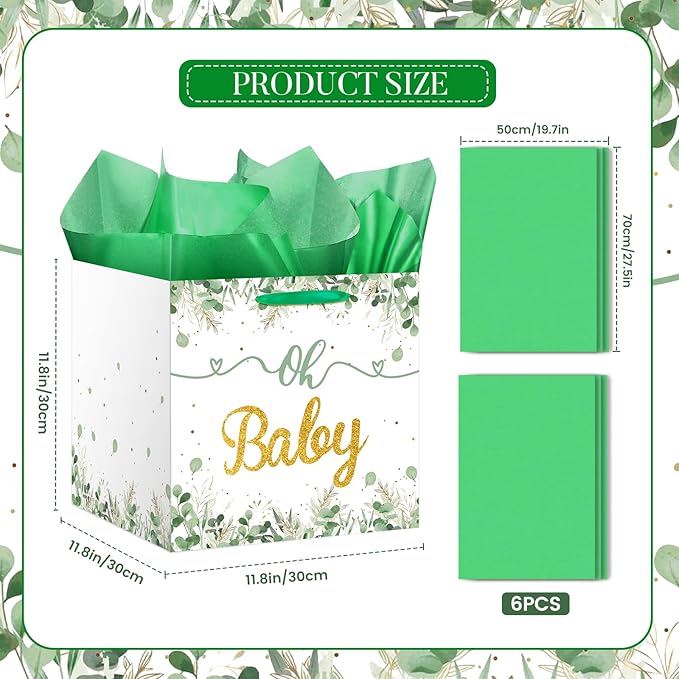 11.8" Extra Large Gift Bag Sage Green Square Giant Gift Bag with Handles and Tissue Paper Eucalyptus Oh Baby Wrapping Paper Bag for Baby Shower Birthday Newborn Gender Reveal Party Supplies