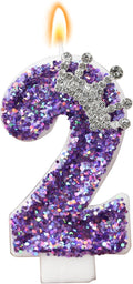 Birthday Number Candles,Purple Crown Birthday Candles for Cake,Glitter Number 2 Candle Cake Topper with Sequins for Anniversary Celebrations Supplies (Number 2)
