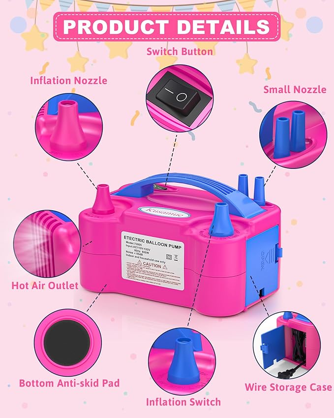Electric Balloon Pump, Balloon Inflator Machine for Balloons at Home,Quick Inflation Dual Nozzle Balloon Blower Portable Air Balloon Pump Balloons Inflator for Kids Party Decoration (Rose Red)