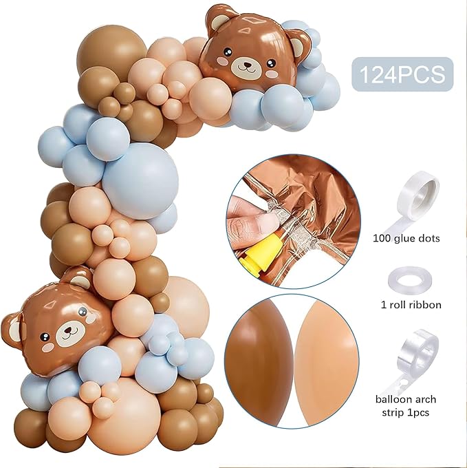 We Can Bearly Wait Baby Shower Decorations for Boy, 125 Pcs Blue Plastic Party Supplies - Bear Balloons,Blue Brown Balloons , Backdrop for Baby Shower & Gender Reveal